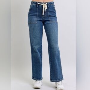 Judy Blue Blaire Straight Leg Tie Waist Classic Denim Jeans In A Dark Wash